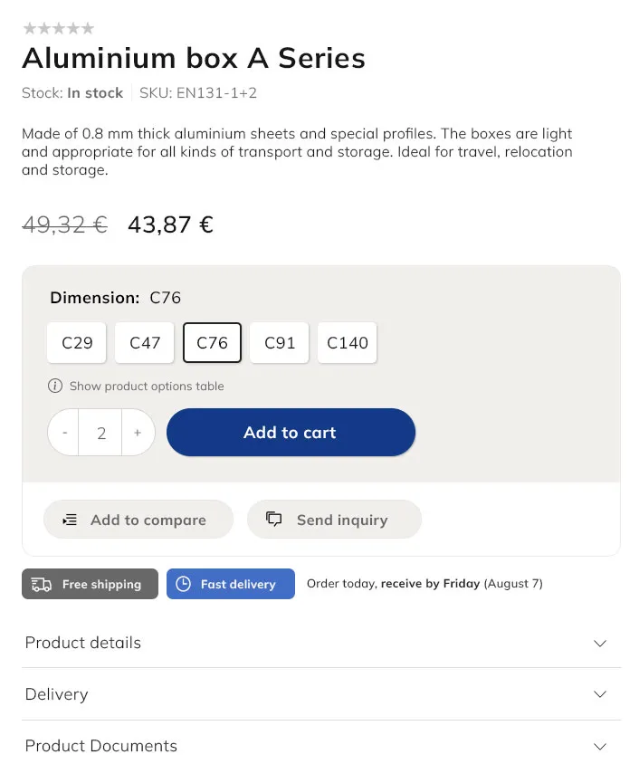 producktna stran in prikaz dostave