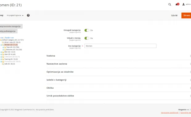 Urejanje kategorij v spletni trgovini Magento 2